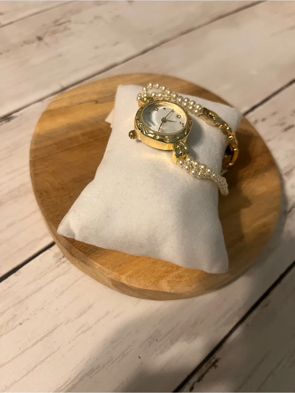 Francesca's Collections Gold and White Pearl Accent Bracelet Watch
